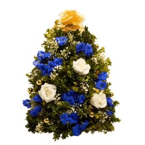 mini christmas tree with blue and white flowers