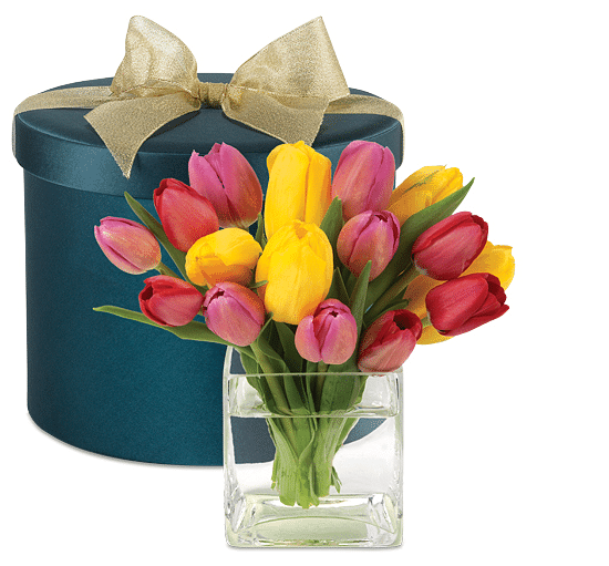 tulips with hatbox